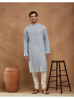 Fabindia - Grey Cotton Hand Block Print Slim Fit Long Kurta