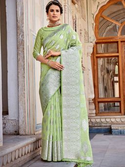Odette - Womens Green Linen Woven Design Saree with Unstitched Blouse