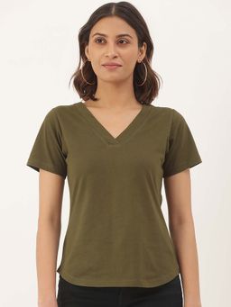 BRINNS - Olive Green V-Neck Pure Cotton T-Shirt