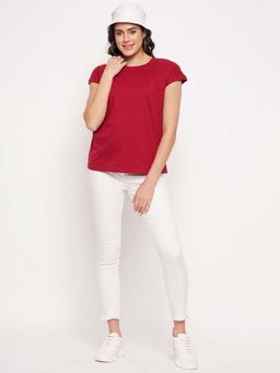 BRINNS - Maroon Round Neck Cap Sleeves T-Shirt