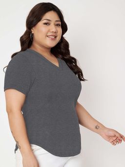 BRINNS - Plus Size Charcoal V-Neck Cotton T-Shirt