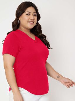 BRINNS - Plus Size Red V-Neck Cotton T-Shirt