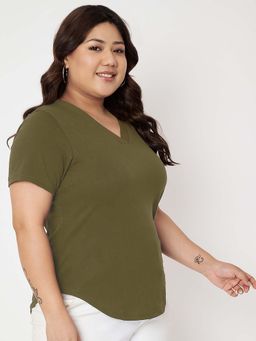 BRINNS - Plus Size Olive Green V-Neck Cotton T-Shirt