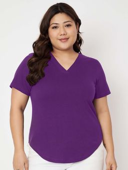 BRINNS - Plus Size Purple V-Neck Cotton T-Shirt
