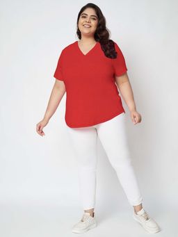 BRINNS - Plus Size Red V-Neck Cotton T-Shirt