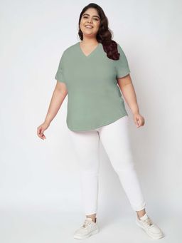 BRINNS - Plus Size Green V-Neck Cotton T-Shirt
