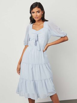 Styli - Blue Short Sleeves Dobby Tiered Midi Dress