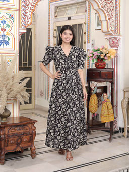 Doriyaan - Women Pleated Floral Pure Cotton Black and White Butterfly Maxi Dress