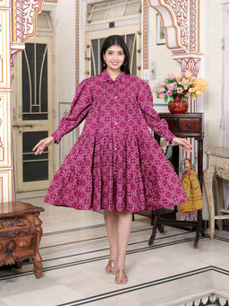 Doriyaan - Women Magenta Long Puff Sleeve A-Line Knee Length Dress