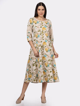 Saffron Threads - Turquoise Floral Printed Cotton Flax Lace Inserts Midi Dress