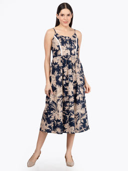 Saffron Threads - Navy Blue Floral Print Strappy Lace Inserts Midi Dress