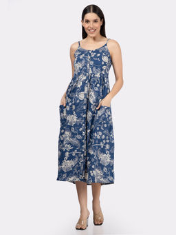 Saffron Threads - Blue Flower Print Strappy Front Pockets Midi Dress