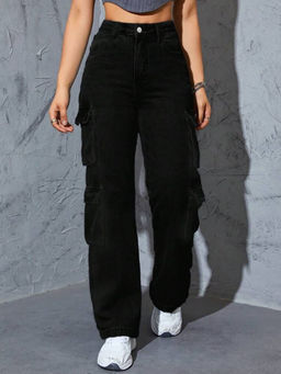 BROADSTAR - Women Black Wide Leg High- Rise Stretchable Cargo Jeans