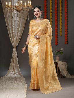 Akhilam - Womens Organza Yellow Woven Design Designer Saree with Unstitched Blouse