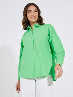 Styli - Women Green Solid Oversized Longline Shirt with Side Slit