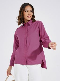 Styli - Women Purple Solid Oversized Longline Shirt with Side Slit Detail