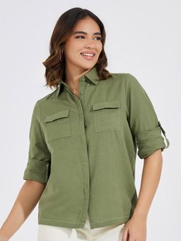 Styli - Women Olive Solid Regular Fit Full Sleeves Shirt