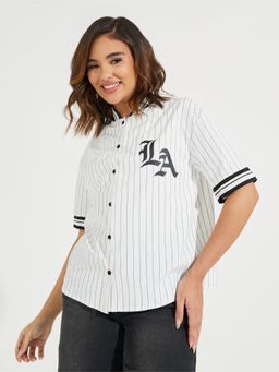 Styli - Women White Stripe Print Oversized Longline Half Sleeves Shirt