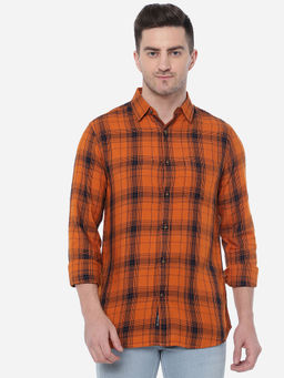 JadeBlue - Men Orange & Blue Checked Slim Fit Semi Casual Shirt