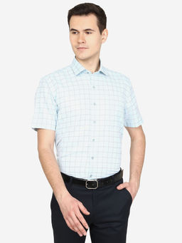 Greenfibre - Men Checked Light Blue Poly Viscose Half Sleeved Formal Shirt