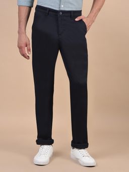 Cantabil - Men Navy Blue Solid Cotton Regular Fit Casual Trouser