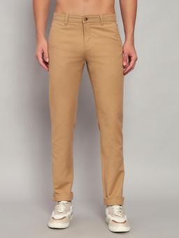 Cantabil - Men Khaki Solid Cotton Regular Fit Casual Trouser