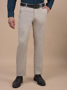 Cantabil - Men Beige Self Design Cotton Regular Fit Formal Trouser