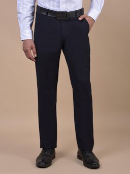Cantabil - Men Navy Blue Solid Cotton Regular Fit Formal Trouser