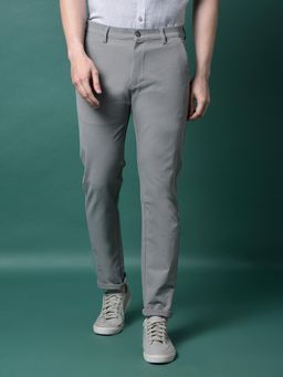 CRIMSOUNE CLUB - Men Grey Solid Cotton Slim Fit Casual Trouser
