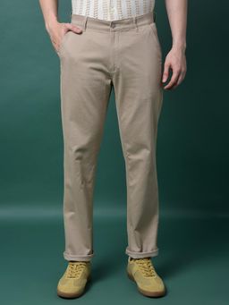 CRIMSOUNE CLUB - Men Khaki Self Design Cotton Straight Fit Casual Trouser