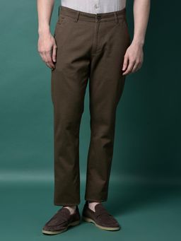 CRIMSOUNE CLUB - Men Brown Self Design Cotton Slim Fit Casual Trouser