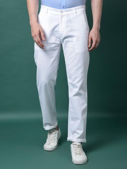 CRIMSOUNE CLUB - Men White Solid Cotton Straight Fit Casual Trouser