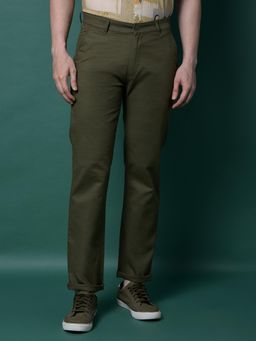 CRIMSOUNE CLUB - Men Olive Solid Cotton Straight Fit Casual Trouser
