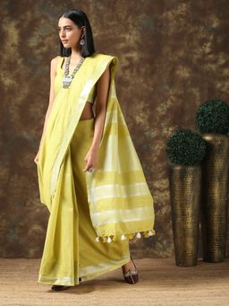 Swtantra - Lavish Lime Linen Saree With Silver Border And Unstitched Blouse