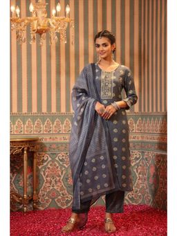 Scakhi - Grey Embroidered Kurta Trousers Dupatta (Set of 3)
