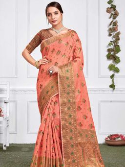 Odette - Womens Peach Cotton Woven Design Saree with Unstitched Blouse