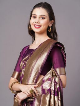 Akhilam - Wine Festive Silk Blend Woven Design Saree with Unstitched