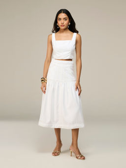 RSVP by Nykaa Fashion - White Panelled Crop Top and Tiered Midi Skirt