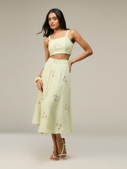 RSVP by Nykaa Fashion - Green Floral Embroidered Crop Top and Midi Skirt
