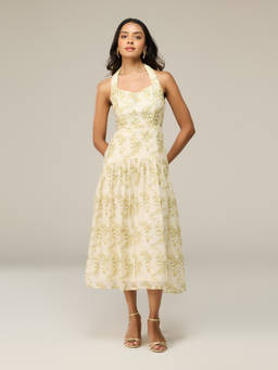 RSVP by Nykaa Fashion - Cream Floral Halter Neck Fit And Flare Tiered Midi Dress