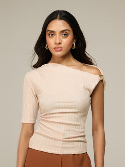 RSVP by Nykaa Fashion - Beige Textured Asymmetric Neck Gold Trim Detail Fitted Top