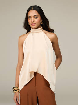 RSVP by Nykaa Fashion - Cream Satin High Neck Asymmetric Hem A-Line Top