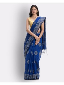 Angoshobha - Indian Women Dark Blue Festive Cotton Blend Saree with Unstitched