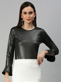 SHOWOFFFF - Women Round Neck Shimmer Black Regular Top