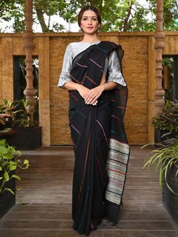 Beatitude - Black Handwoven Cotton Ghicha Saree with Unstitched Blouse