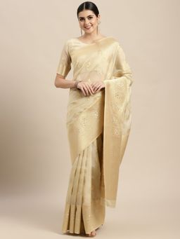 VAIRAGEE - Designer Cream and Golden Ethnic Motifs Organza Saree with Unstitched Blouse