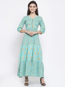 Indibelle - Cotton Teal Blue Floral Print A-line Dress