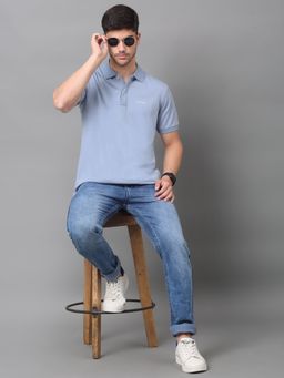 Louis Stitch - Men Blue Slim Fit Polo Collar T-Shirt with Eyeglass Holder