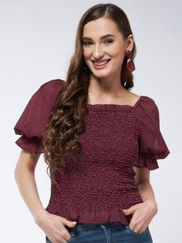 Magre - Maroon Printed Front Smocking Top