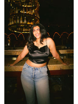 FREAKINS - Black Satin Lace Up Top